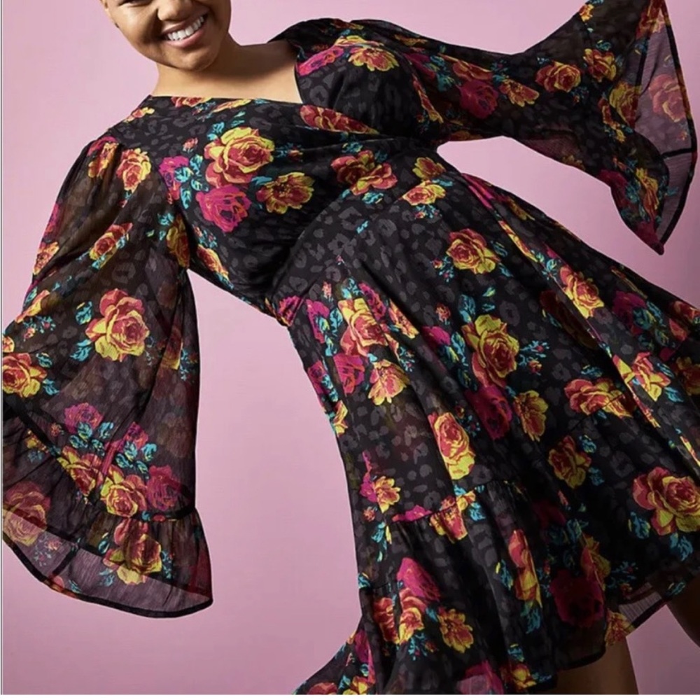Floral Bell-Sleeve Fit & Flare Dress - Black with Multi Rose Print